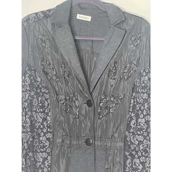 Bonita Women's Button Front Crinkle Jacket l Beaded Lace Accent Black Size 46 L - Picture 2 of 14